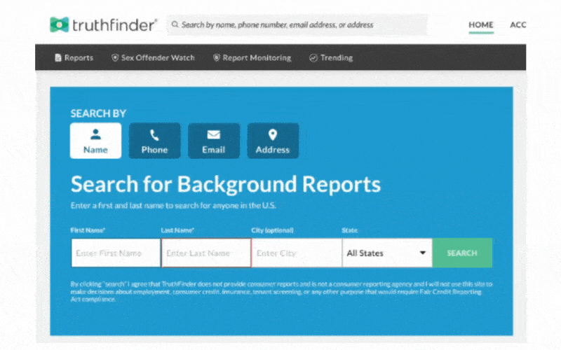 用户在 TruthFinder 的搜索人物工具中输入姓名和位置